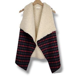 Ruyi Plaid Wool Blend Open Front Vest - Sherpa Lined - Red/Black - One Size